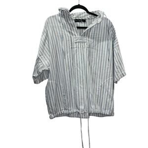 Retro Vintage White & Blue Striped Drawstring Hoodie Top – Size Small